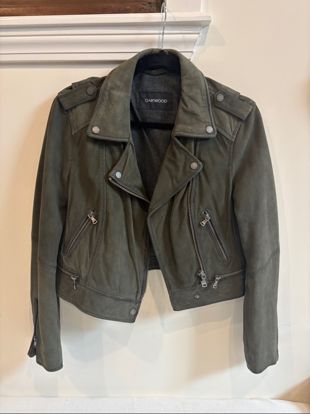 Women's Suede Moto Jacket - Olive Green (Oakwood)